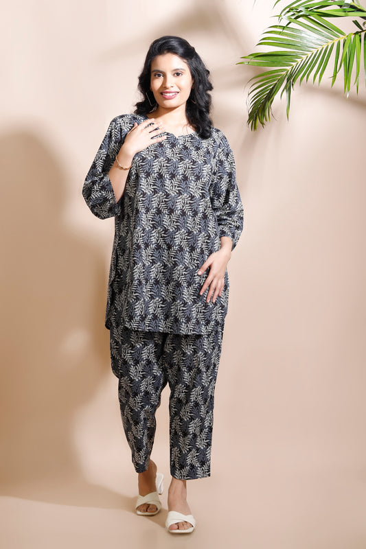 Black Abstract Pajama Kurta Loungewear Co-Ord Set 