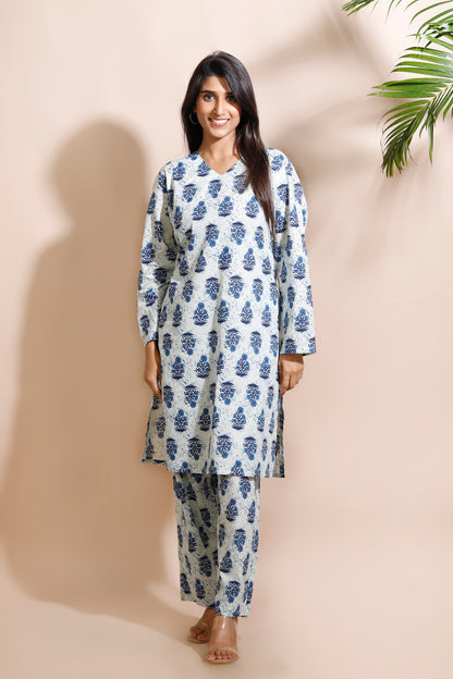 Cream Cotton Indian Motif Butta Loungewear Co-ord Set