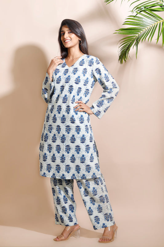 Cream Cotton Indian Motif Butta Loungewear Co-ord Set