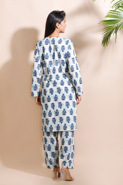 Cream Cotton Indian Motif Butta Loungewear Co-ord Set