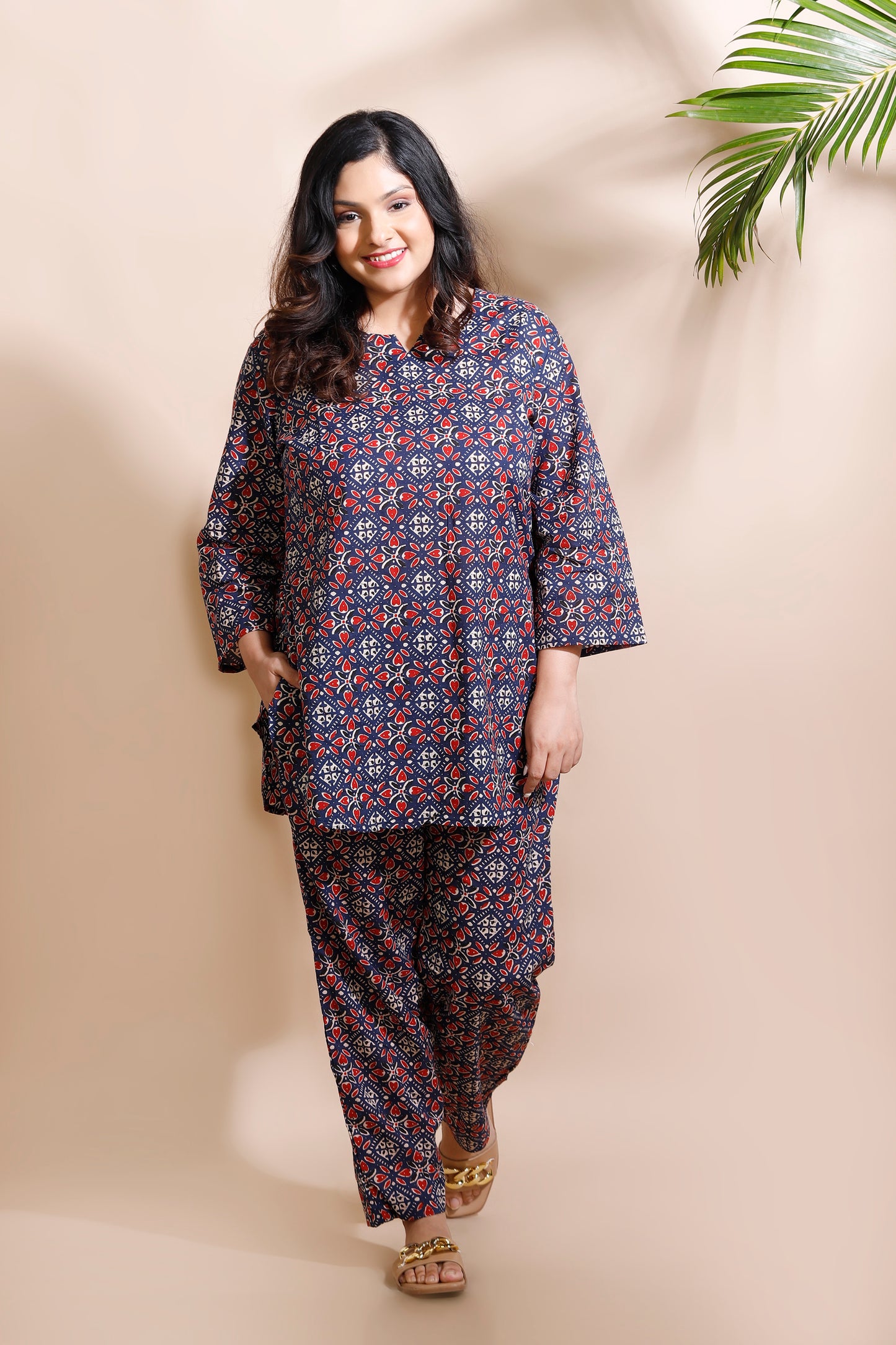 Blue Cotton Geometric Print Loungewear Co-ord Set