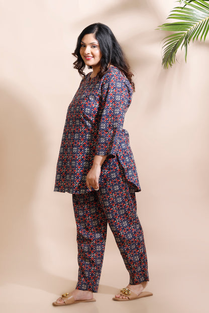 Blue Cotton Geometric Print Loungewear Co-ord Set