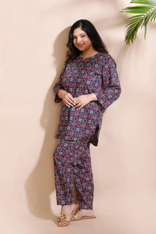 Blue Cotton Geometric Print Loungewear Co-ord Set