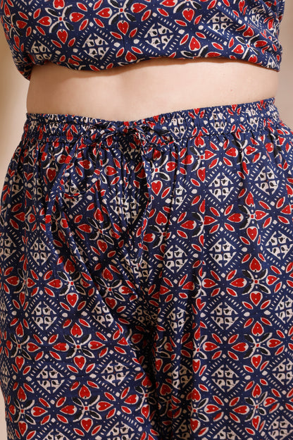 Blue Cotton Geometric Print Loungewear Co-ord Set