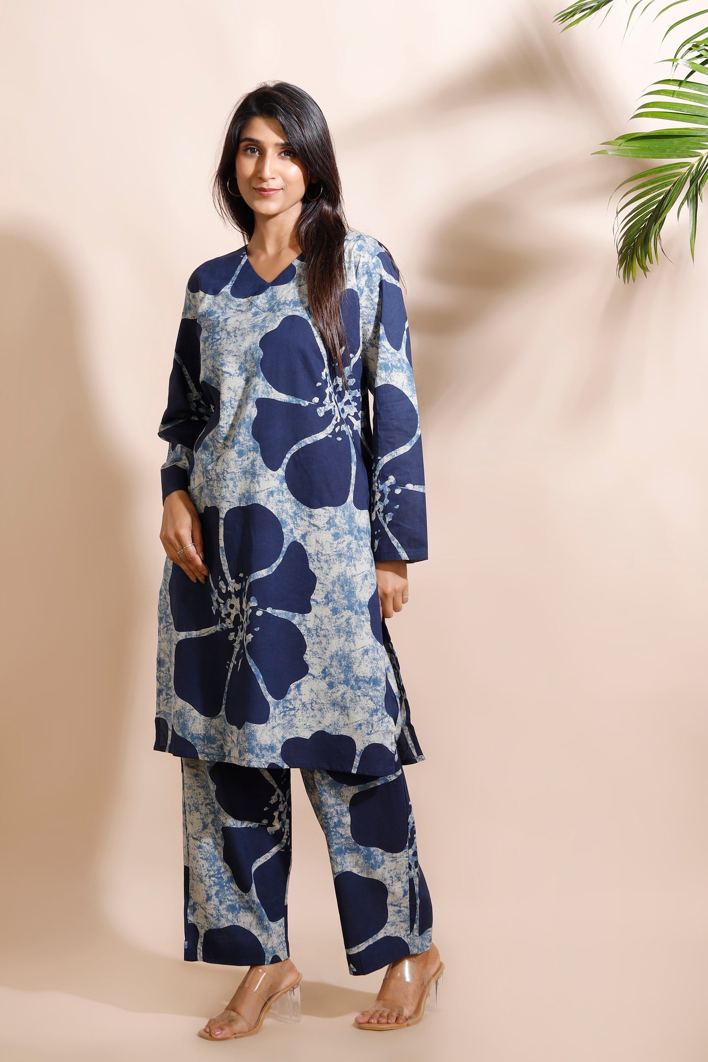 Blue Floral Print Cotton Long Kurta Co-ord Set