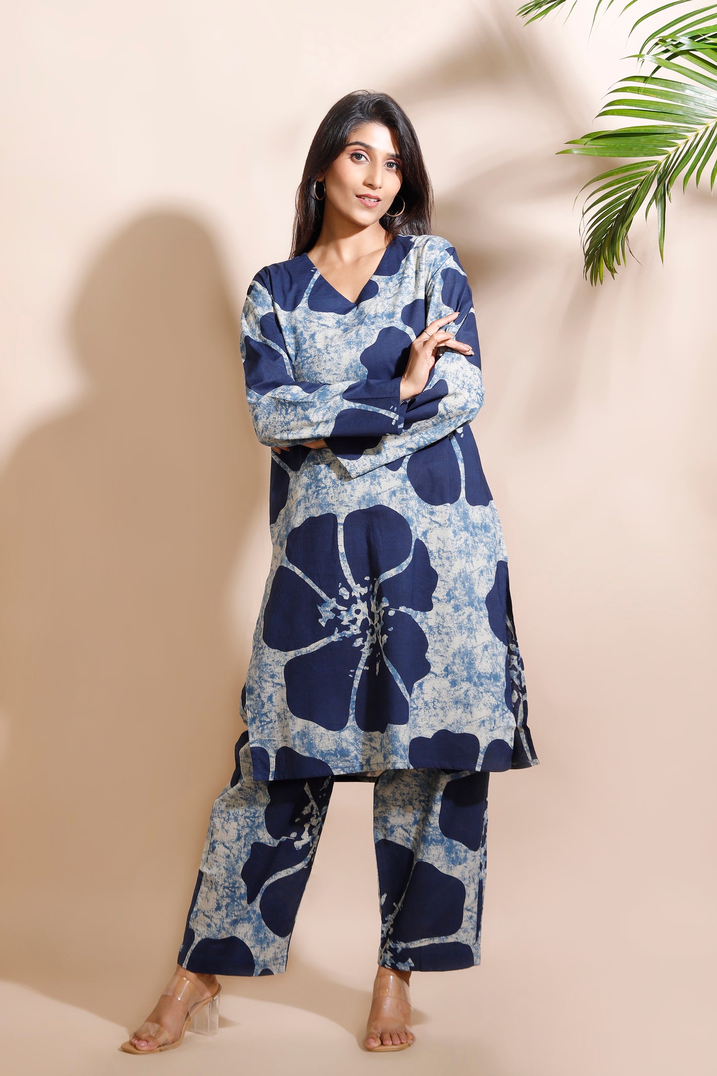 Blue Floral Print Cotton Long Kurta Co-ord Set