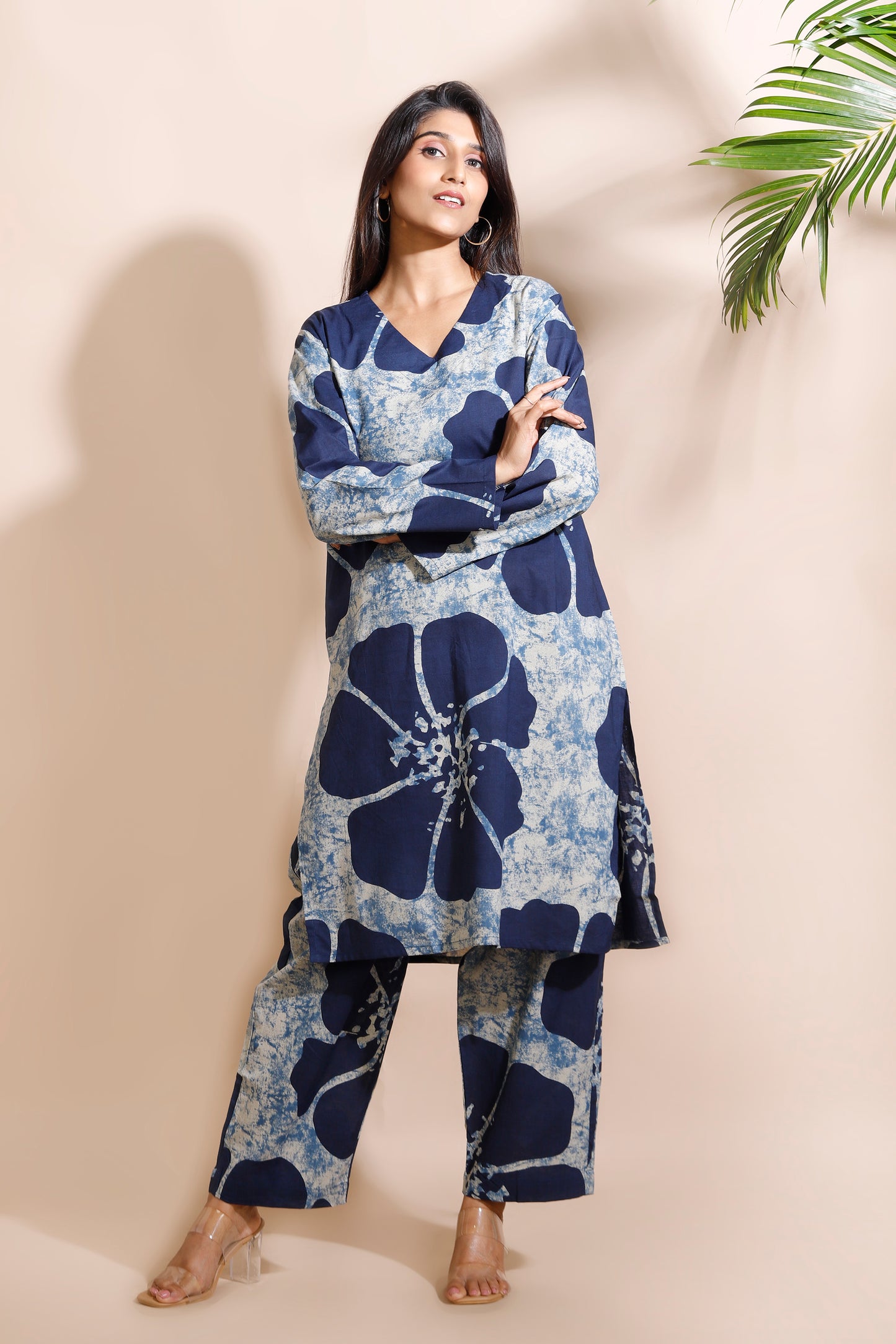 Blue Floral Print Cotton Long Kurta Co-ord Set