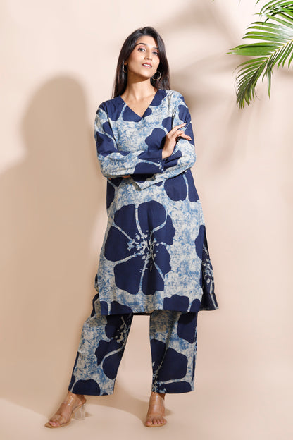 Blue Floral Print Cotton Long Kurta Co-ord Set