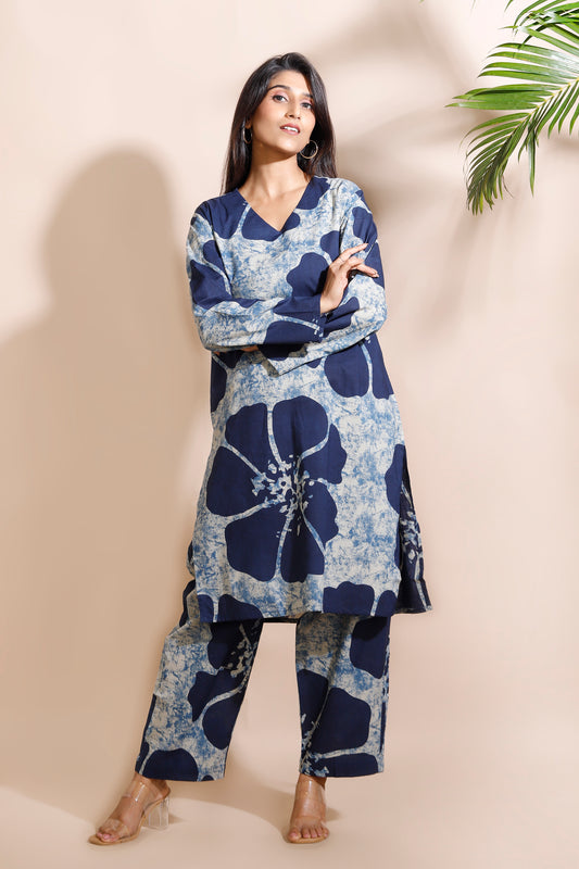 Blue Floral Print Cotton Long Kurta Co-ord Set