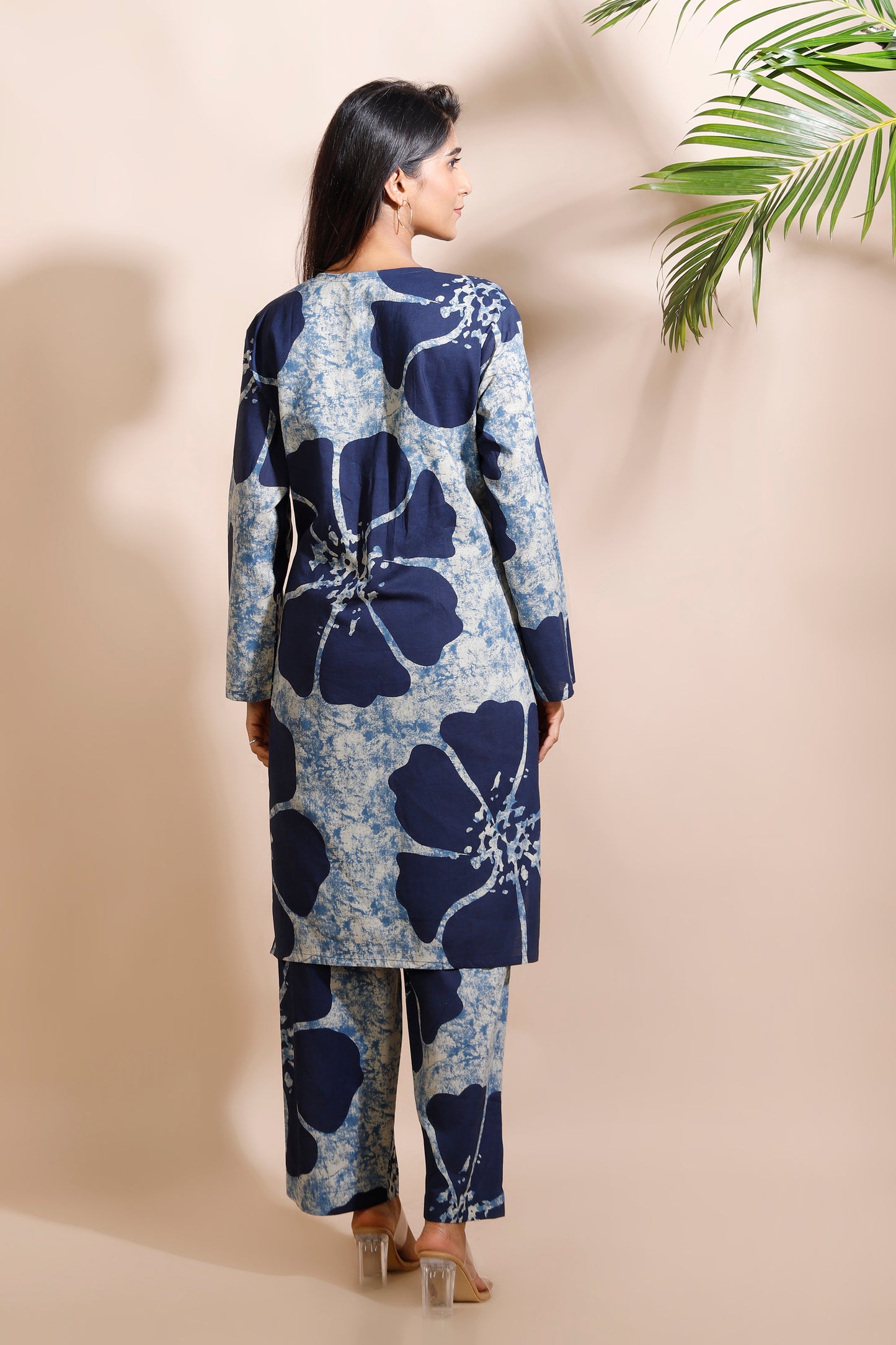 Blue Floral Print Cotton Long Kurta Co-ord Set