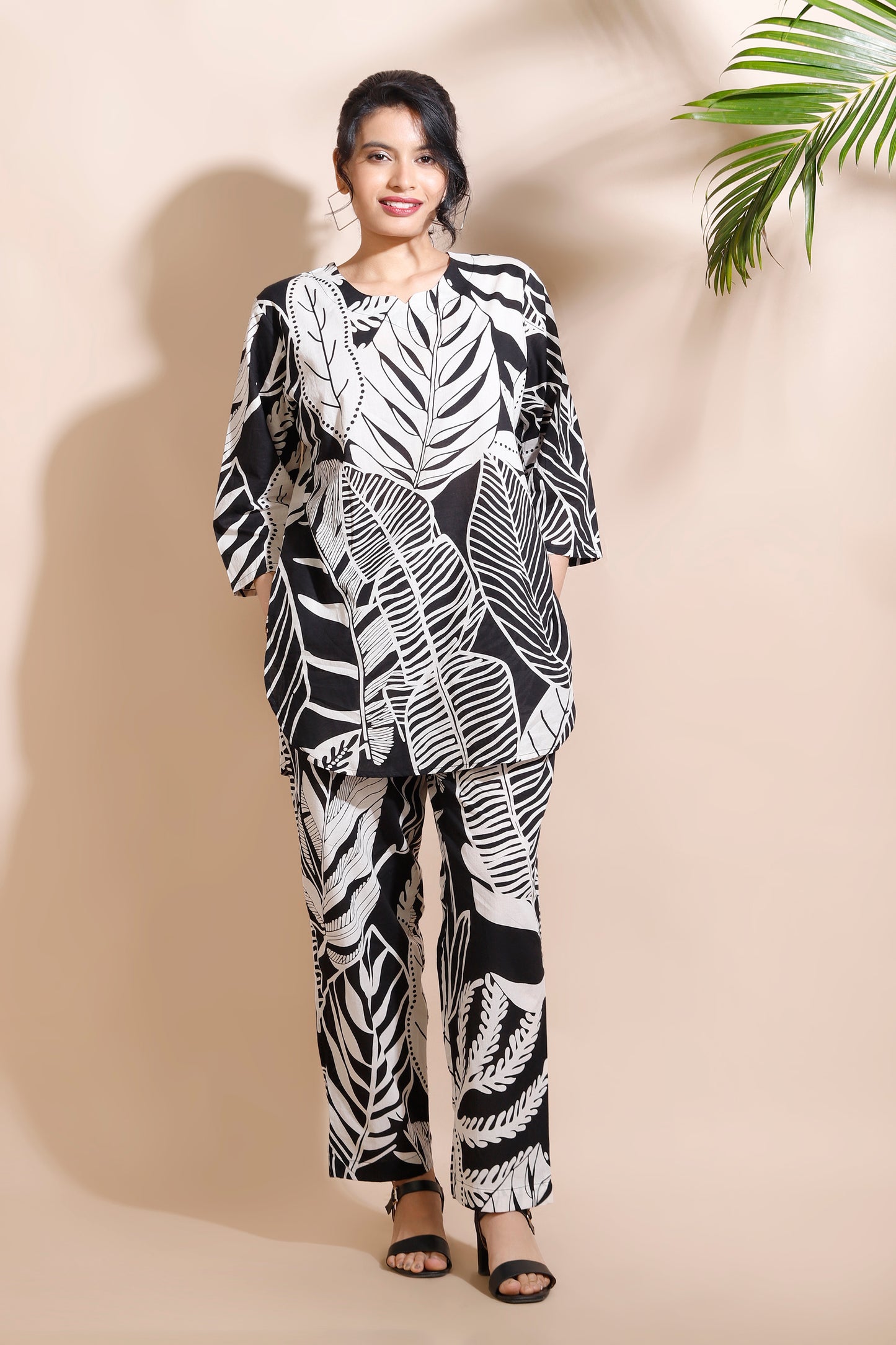Black Cotton Nature Print Loungewear Co-ord Set