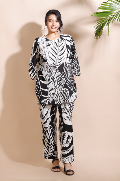 Black Cotton Nature Print Loungewear Co-ord Set