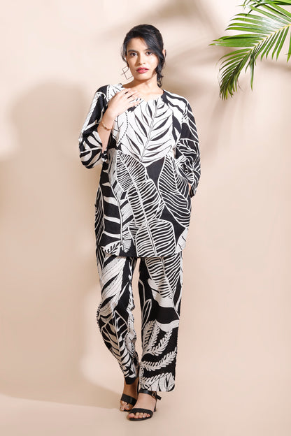 Black Cotton Nature Print Loungewear Co-ord Set