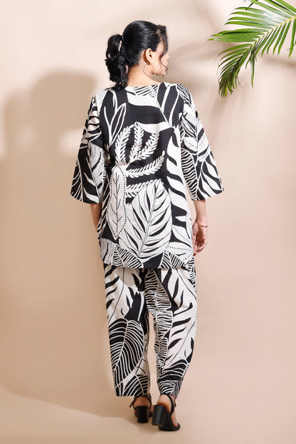 Black Cotton Nature Print Loungewear Co-ord Set
