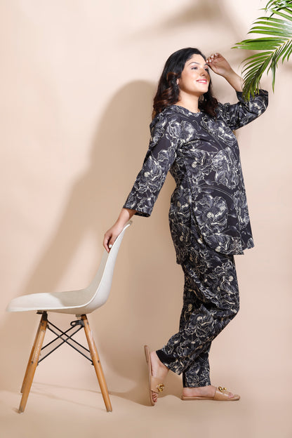 Black Floral Print Cotton Co-ord Set