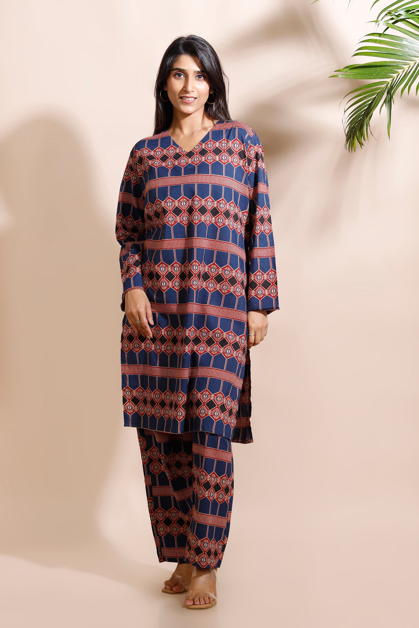 Blue Geometric Print Cotton Long Kurta Co-ord Set