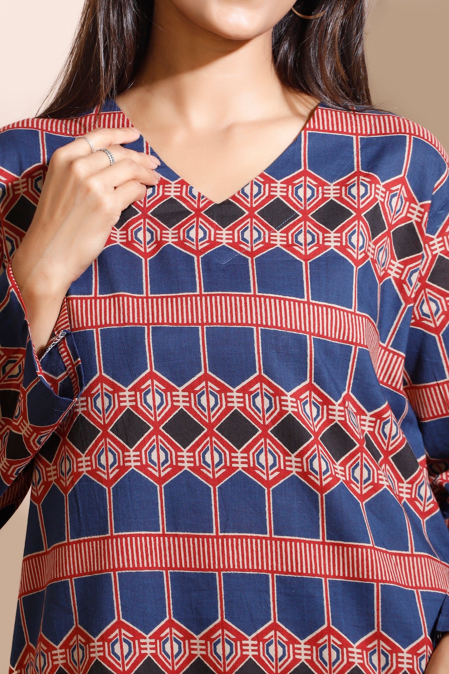 Blue Geometric Print Cotton Long Kurta Co-ord Set