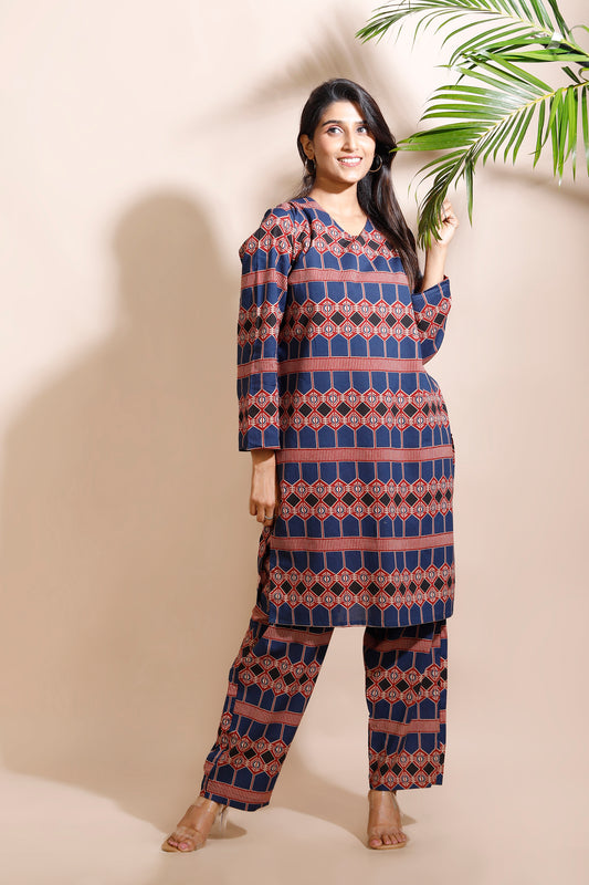Blue Geometric Print Cotton Long Kurta Co-ord Set