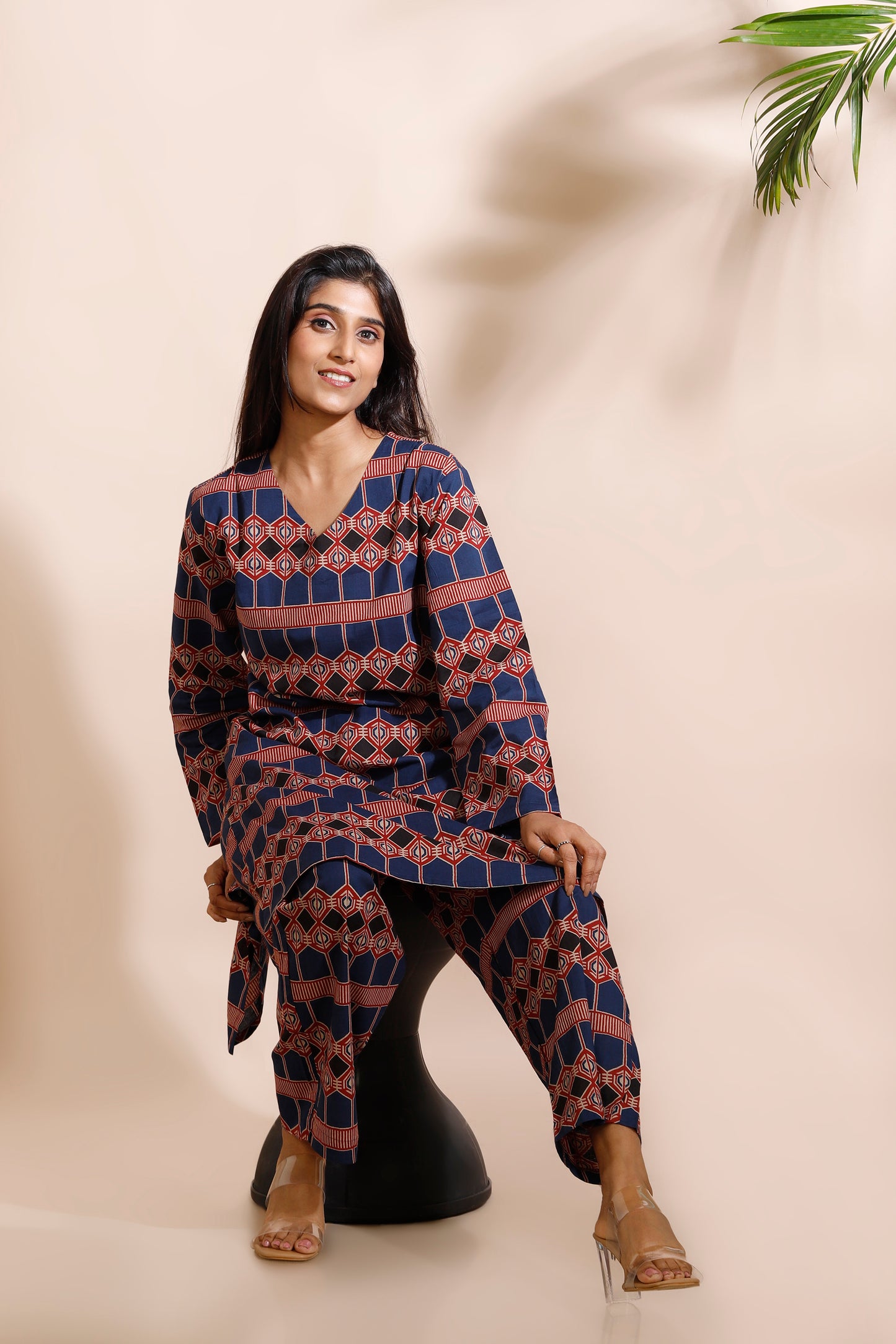 Blue Geometric Print Cotton Long Kurta Co-ord Set
