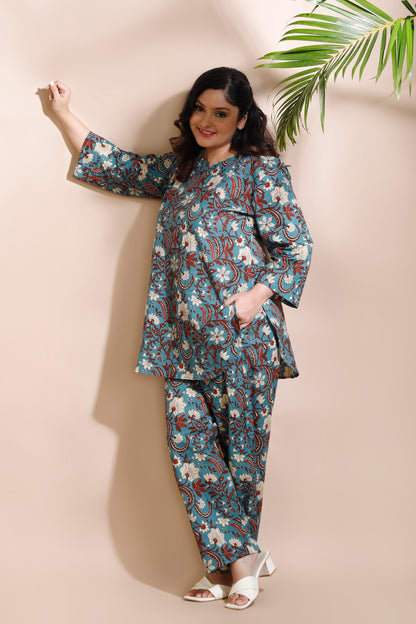Blue Kalamkari Floral Cotton Co-ord Set