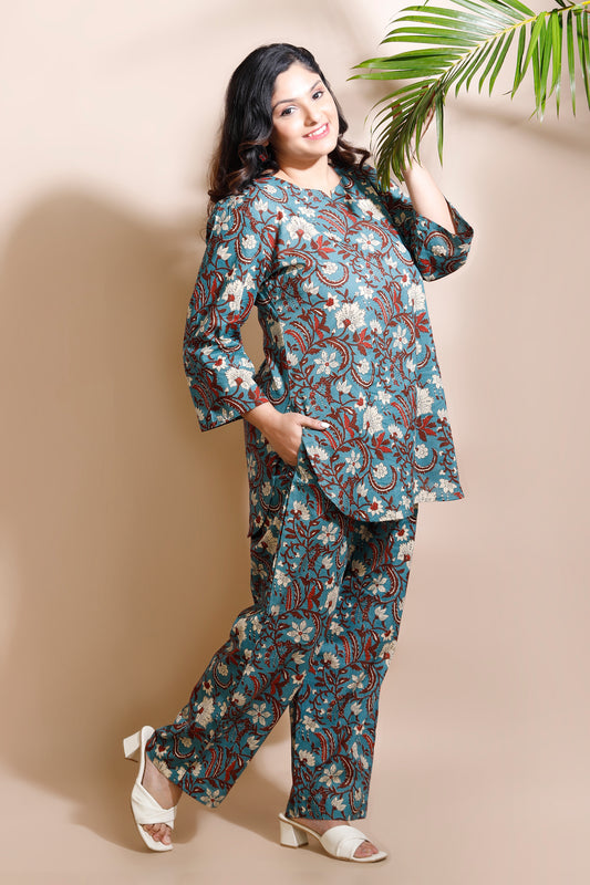 Blue Kalamkari Floral Cotton Co-ord Set
