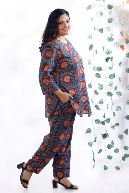 Blue Cotton Geometric Print Loungewear Co-ord Set