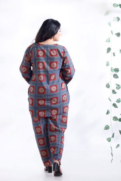 Blue Cotton Geometric Print Loungewear Co-ord Set