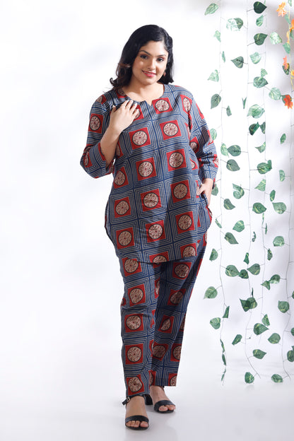 Blue Cotton Geometric Print Loungewear Co-ord Set
