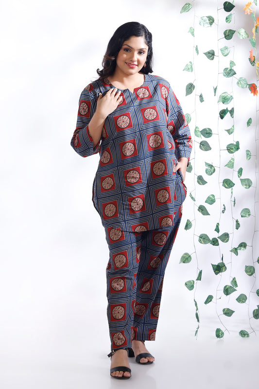 Blue Cotton Geometric Print Loungewear Co-ord Set