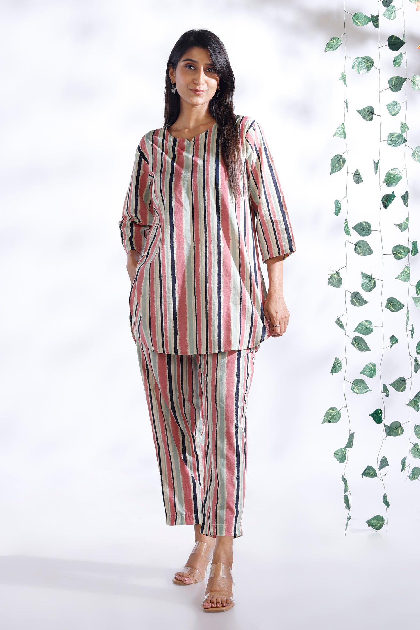 Cream and Pink Stripe Co-ord Set kurta pajama worn by women 