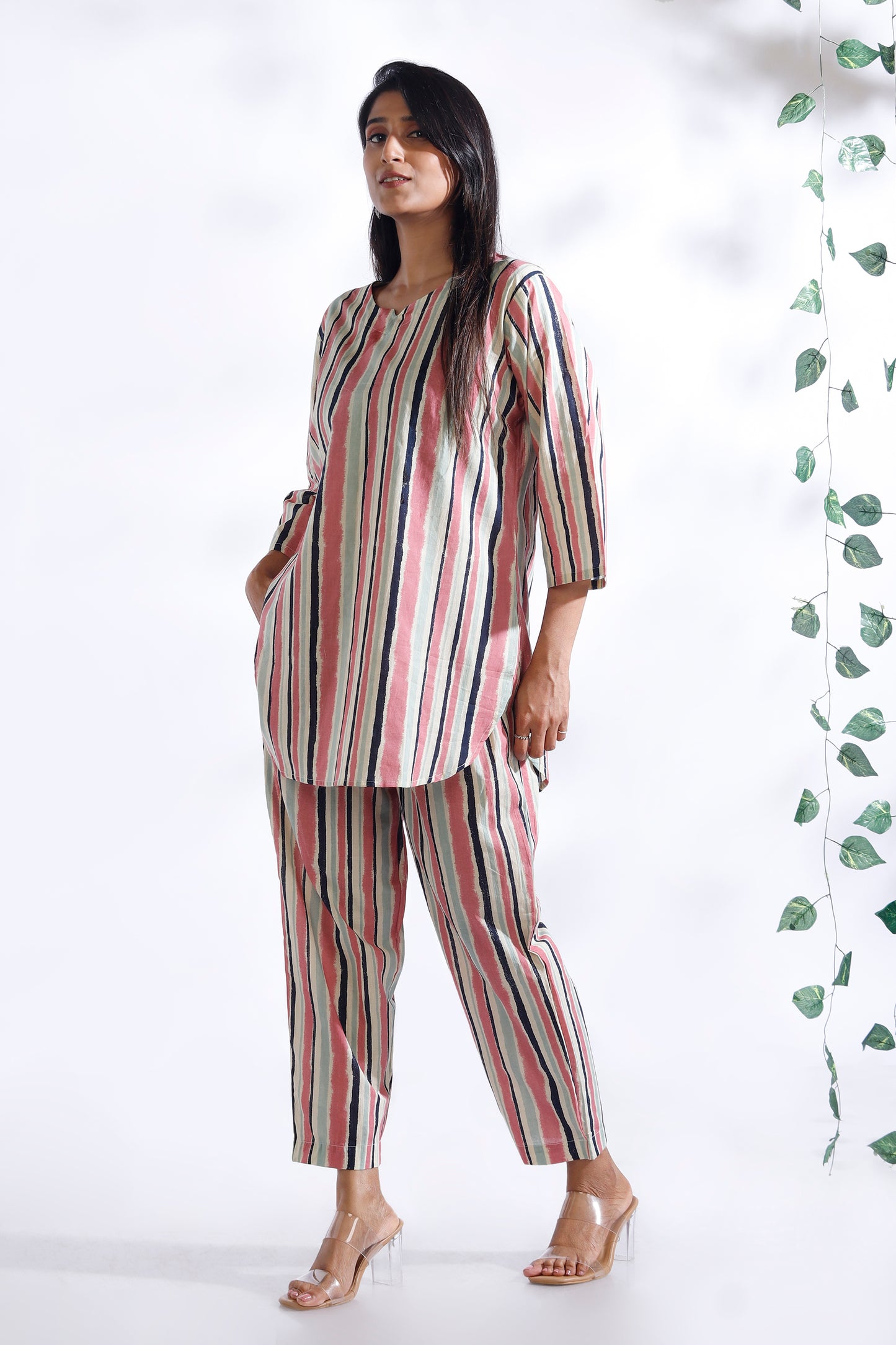 Cream and Pink Stripe Co-ord Set kurta pajama worn by women 