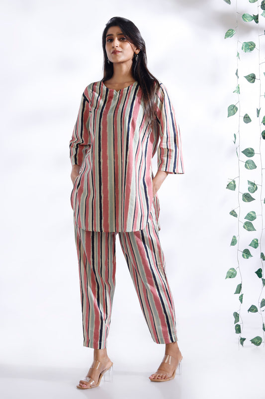 Cream and Pink Stripe Co-ord Set kurta pajama worn by women 