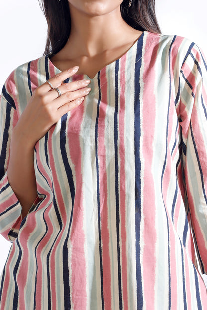 Cream and Pink Stripe Co-ord Set kurta pajama worn by women 