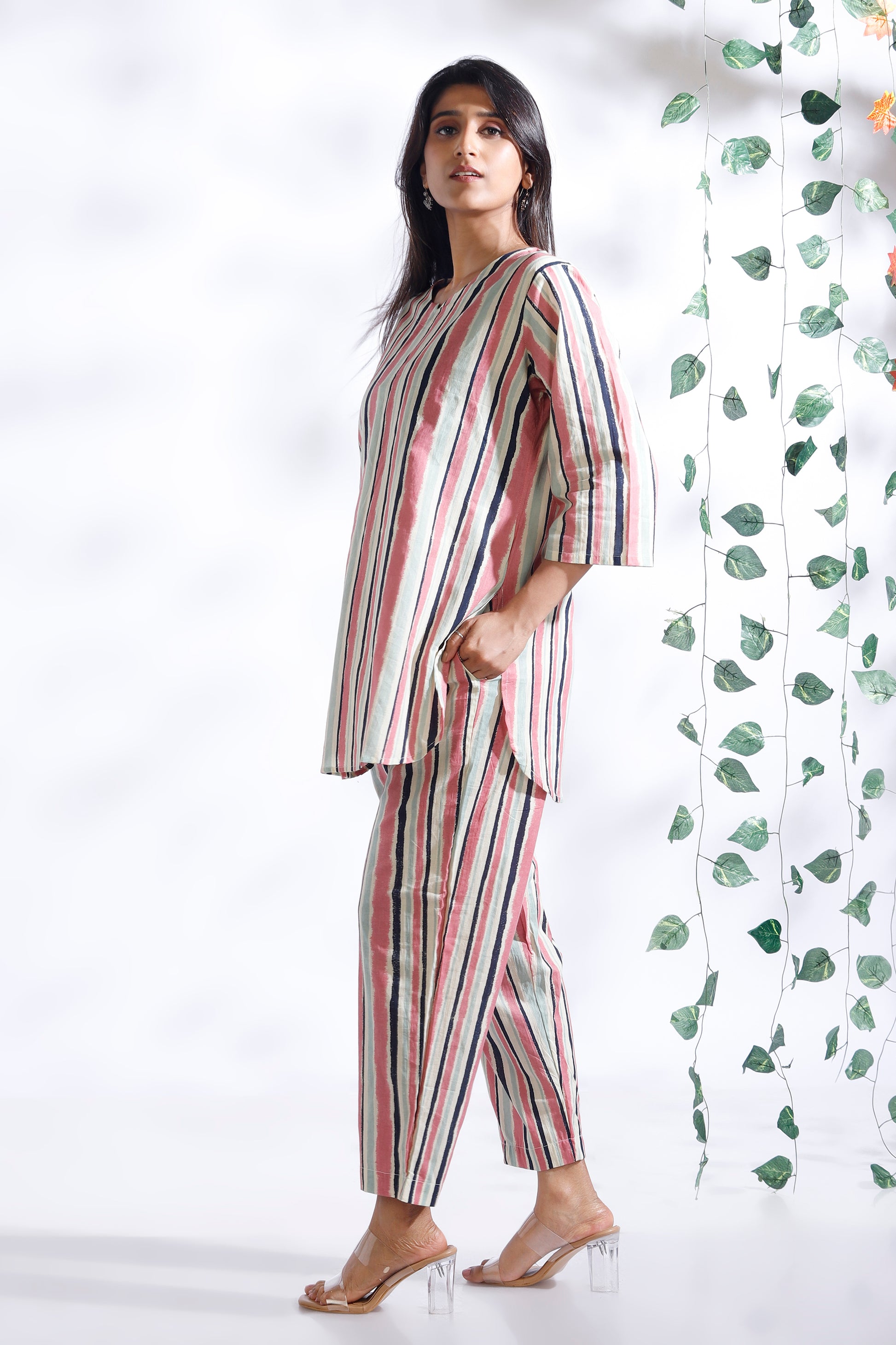 Cream and Pink Stripe Co-ord Set kurta pajama worn by women 