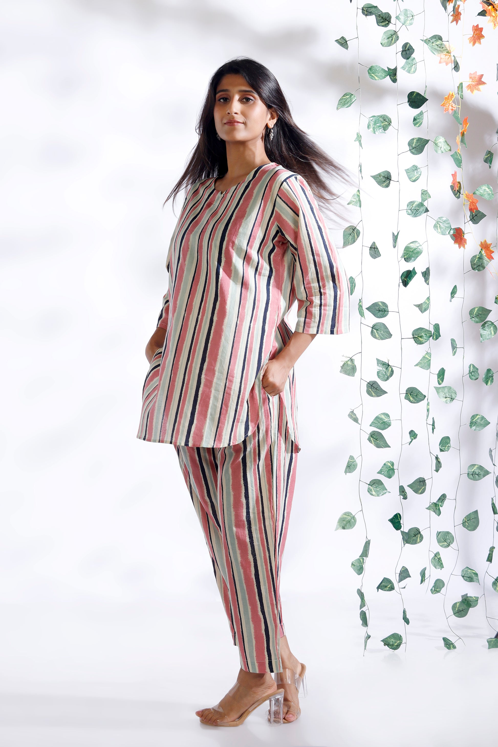 Cream and Pink Stripe Co-ord Set kurta pajama worn by women 