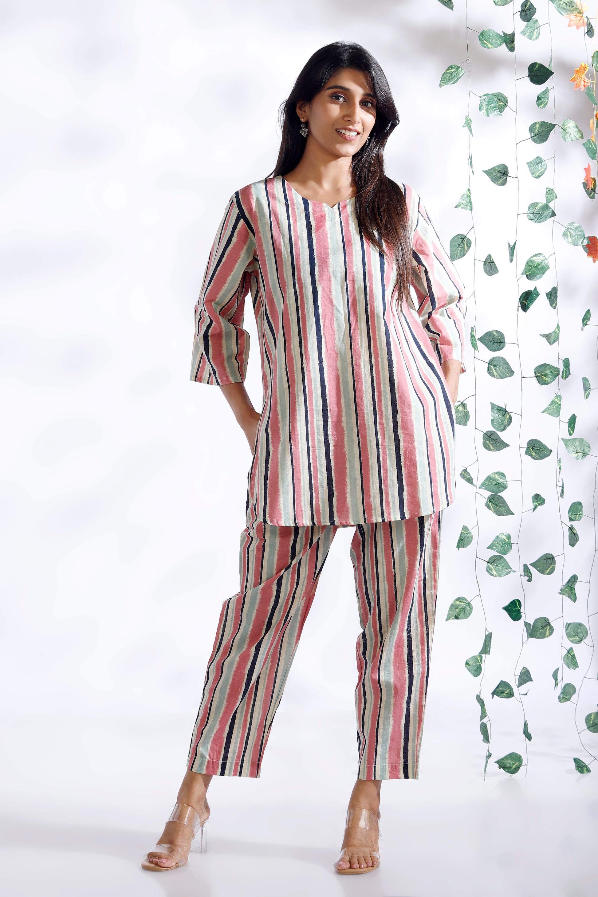 Cream and Pink Stripe Co-ord Set kurta pajama worn by women 