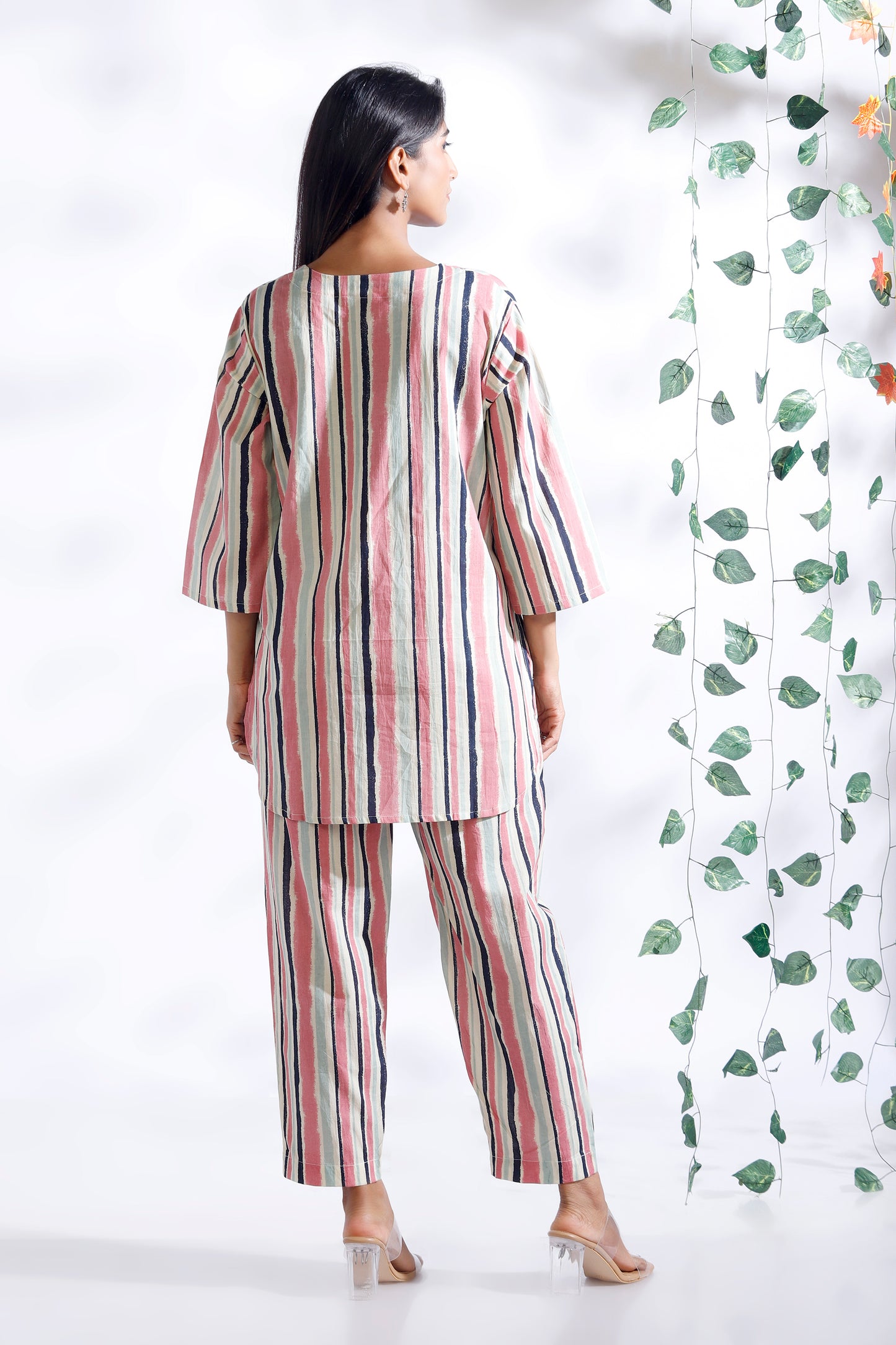 Cream and Pink Stripe Co-ord Set kurta pajama worn by women 