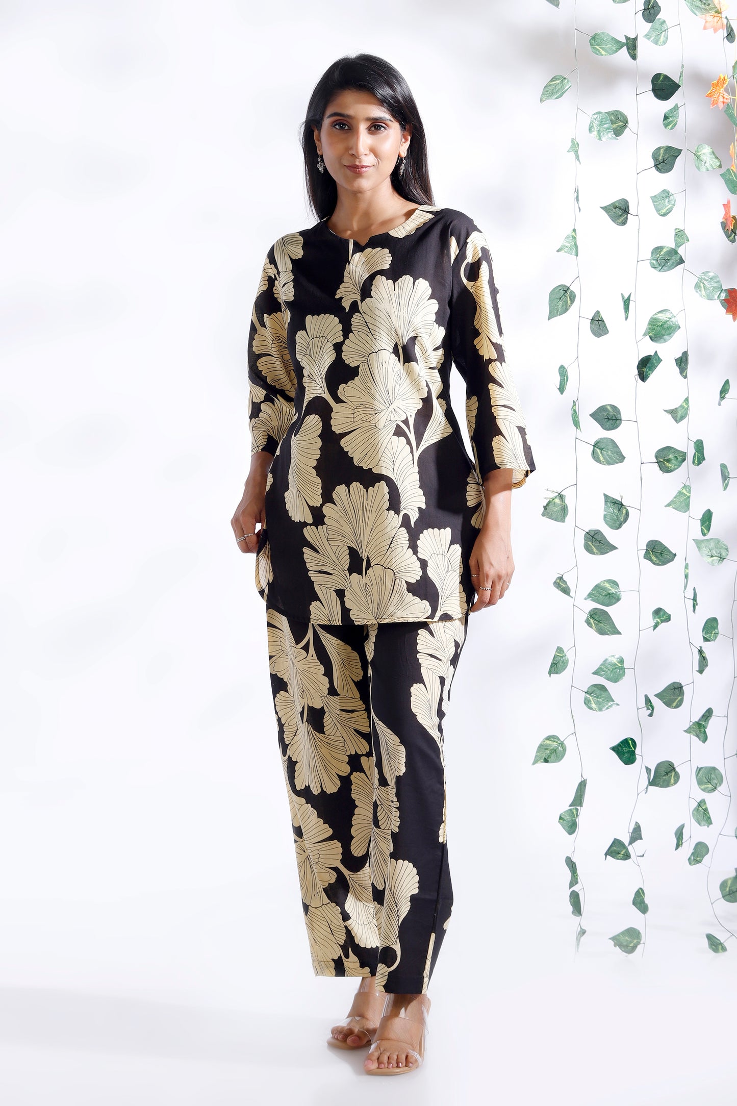 Black Floral  Cotton Loungewear Co-Ord Set