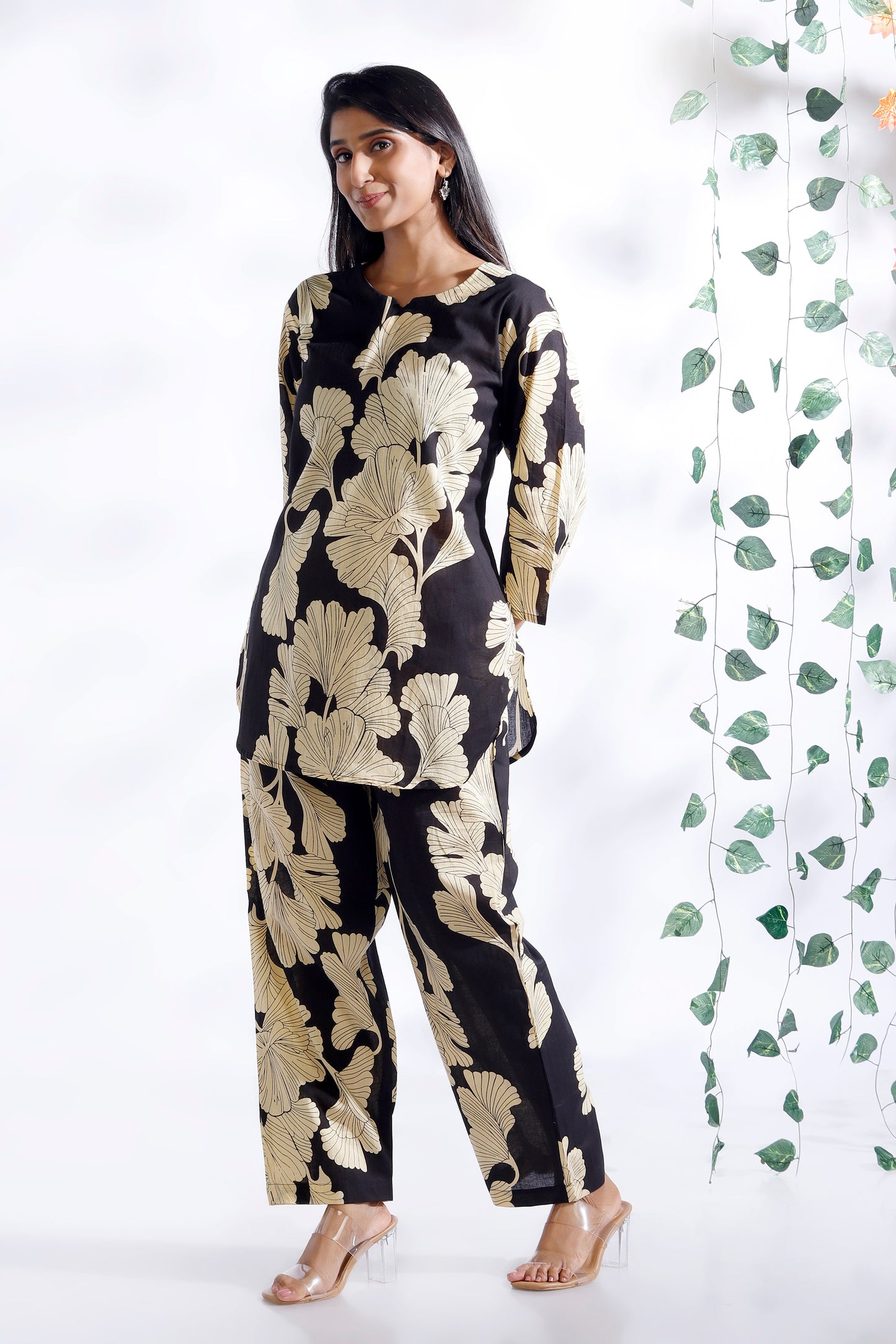 Black Floral  Cotton Loungewear Co-Ord Set