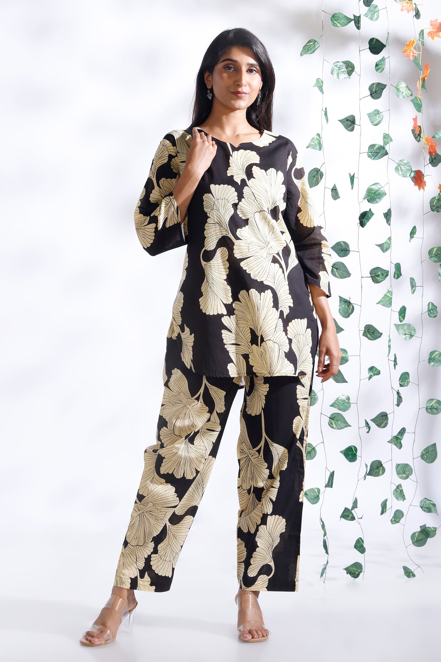 Black Floral  Cotton Loungewear Co-Ord Set