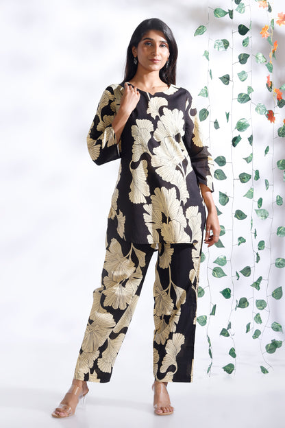 Black Floral  Cotton Loungewear Co-Ord Set