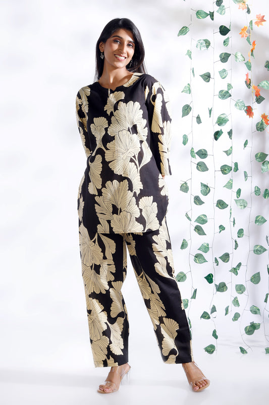 Black Floral  Cotton Loungewear Co-Ord Set