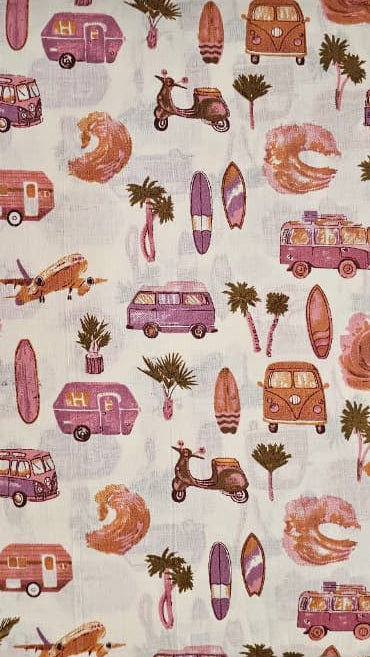 Patterned fabric with colorful designs on a white background