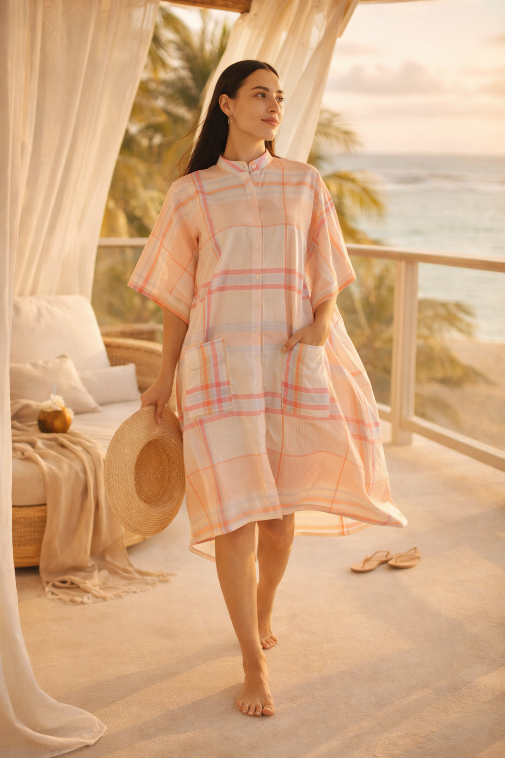 Woman in a plaid dress standing on a balcony with ocean view