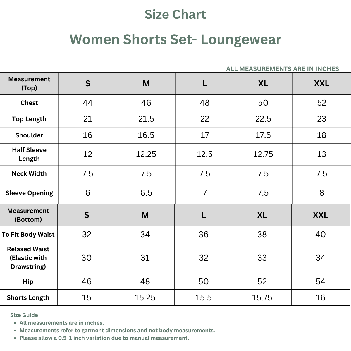 A size chart table for women's shorts set loungewear, showing measurements in inches for sizes S through XXL across chest, top length, shoulder, half sleeve length, neck width, sleeve opening, to fit body waist, relaxed waist, hip, and shorts length.
