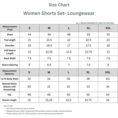 A size chart table for women's shorts set loungewear, showing measurements in inches for sizes S through XXL across chest, top length, shoulder, half sleeve length, neck width, sleeve opening, to fit body waist, relaxed waist, hip, and shorts length.