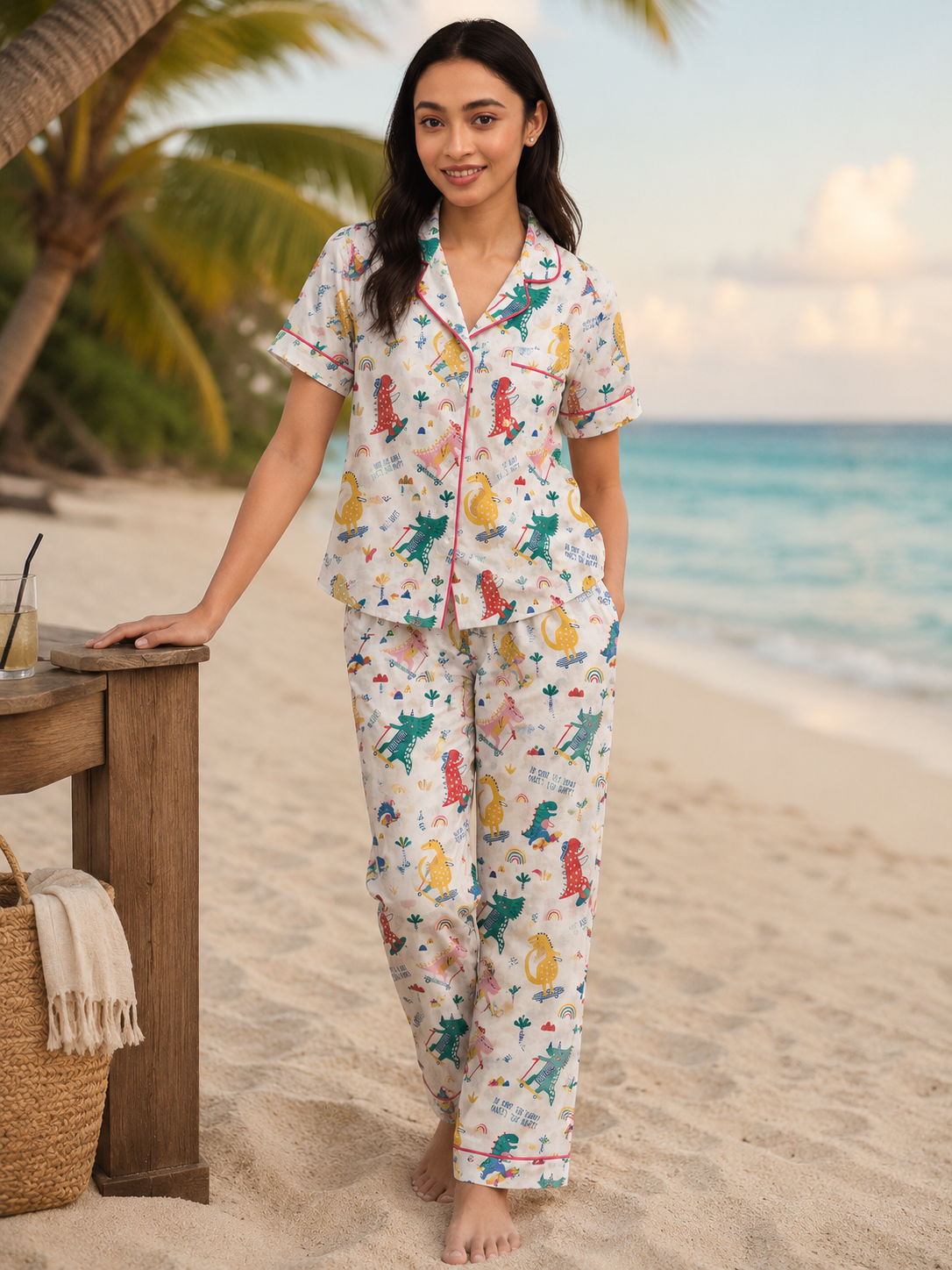 Woman wearing a colorful pajama set on a beach with palm trees and ocean in the background.