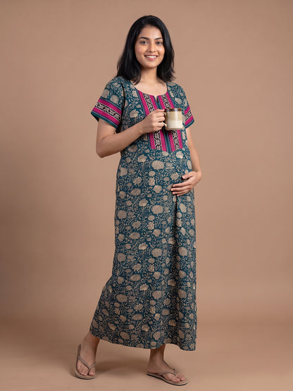Women_blue_floral_nightgown_nighty_maternity_maternity_ pregnant