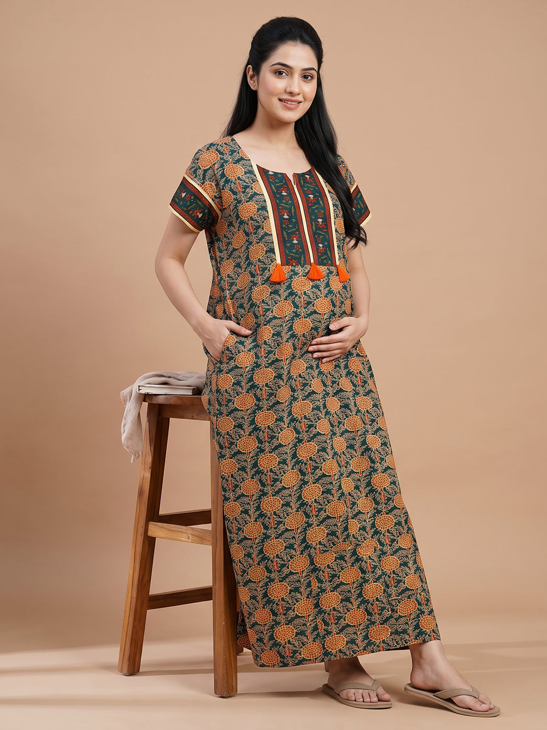 Women_blue_orange floral_nightgown_nighty_maternity