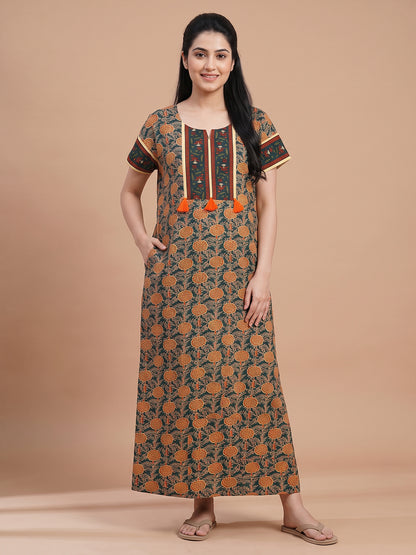 Women_blue_orange floral_nightgown_nighty_maternity_maternity_ pockets